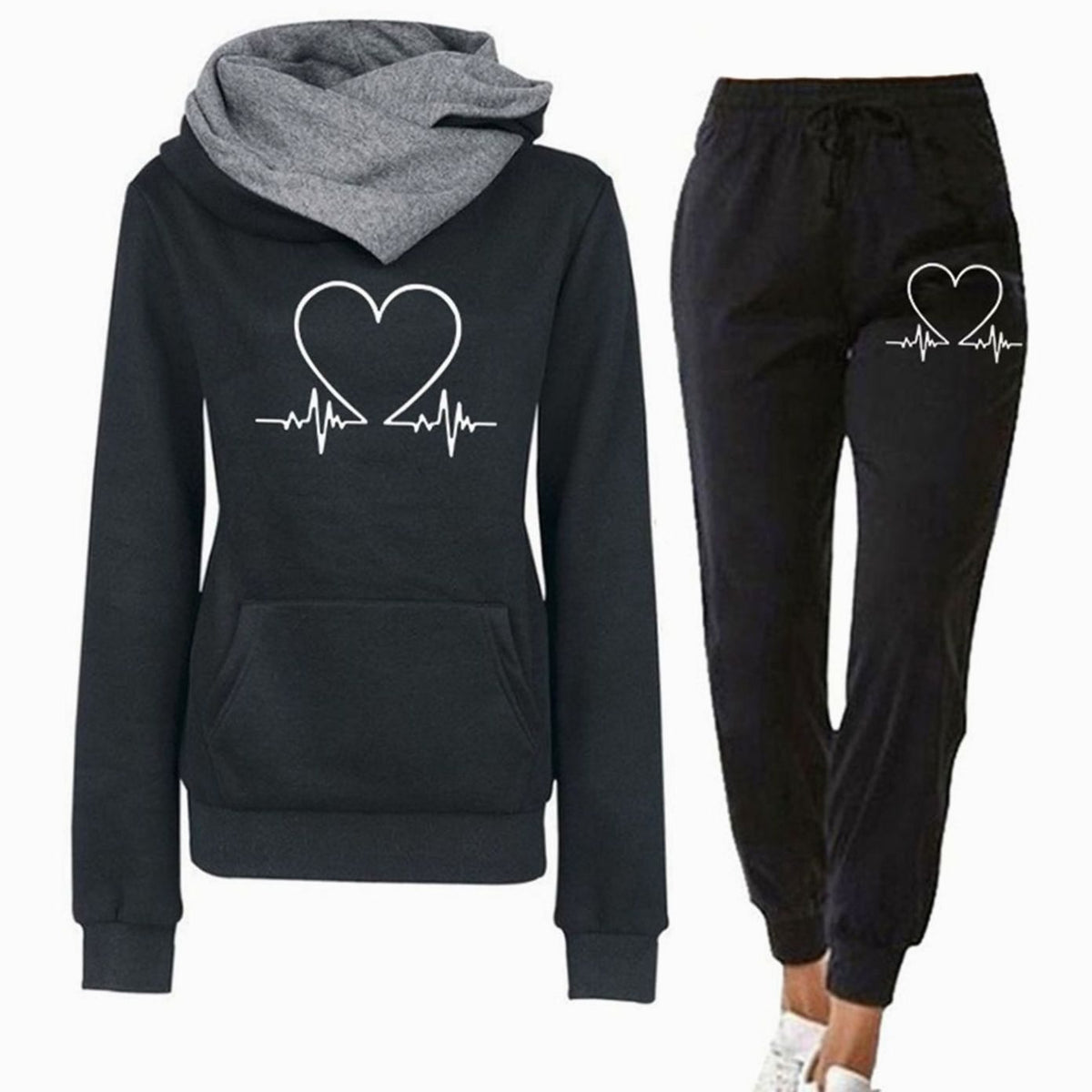 Women's Relaxed-Fit Heart-Print Hoodie Jogger Two-Piece Tracksuit - Black