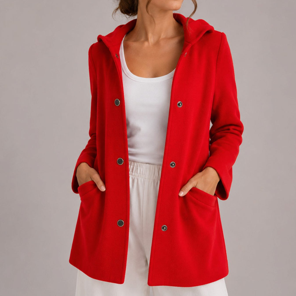 Women's Relaxed-Fit Hooded Button-Up Cardigan with Pockets, Red - Red