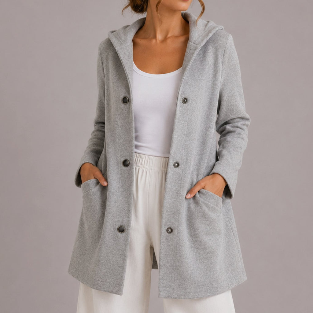 Women's Relaxed-Fit Hooded Button-Up Cardigan with Pockets, Red - Gray