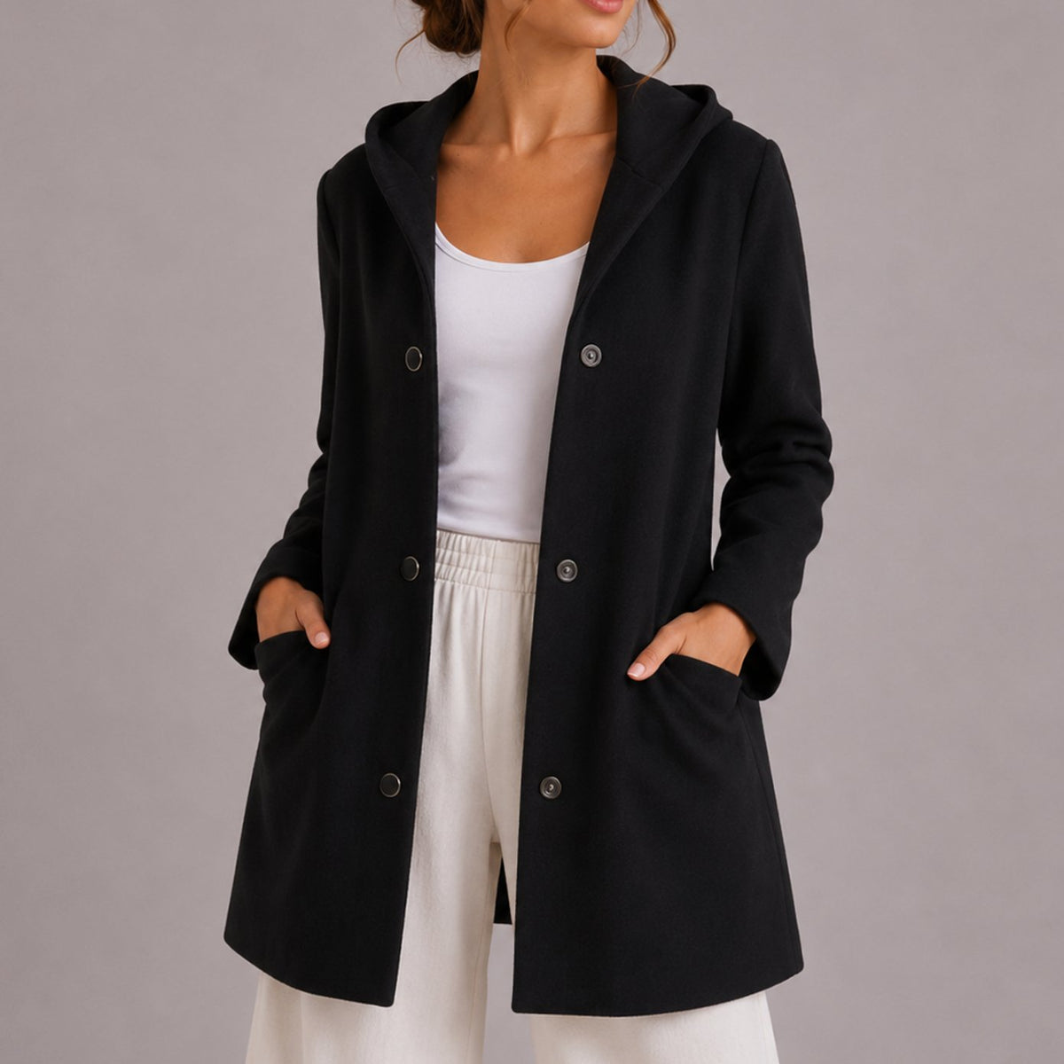 Women's Relaxed-Fit Hooded Button-Up Cardigan with Pockets, Red - Black