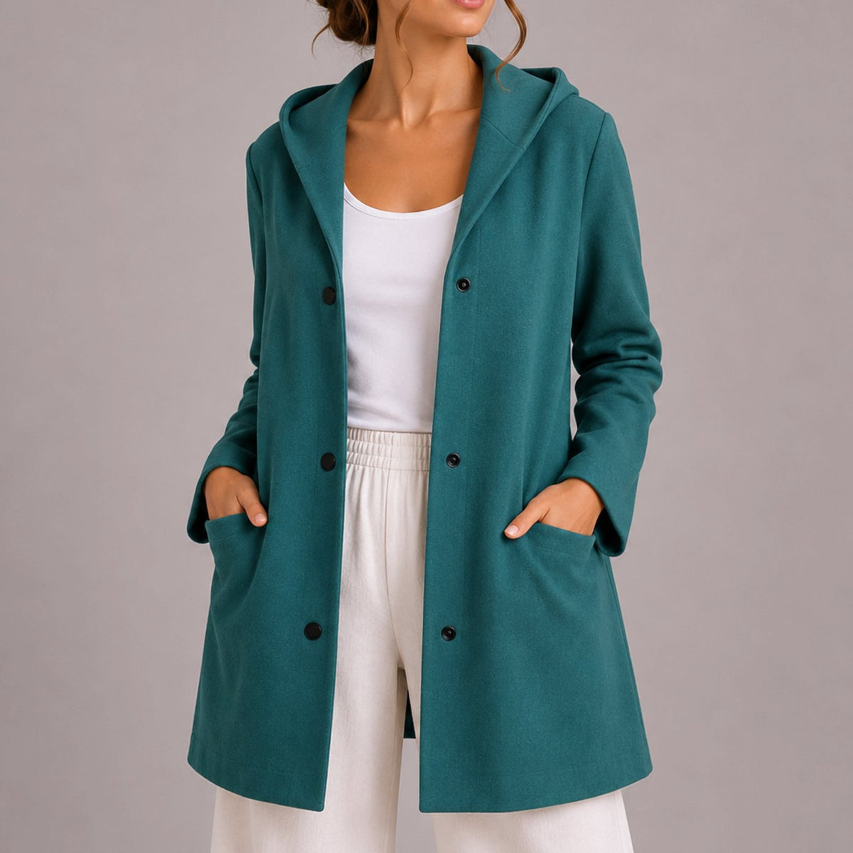 Women's Relaxed-Fit Hooded Button-Up Cardigan with Pockets, Red - Turquoise