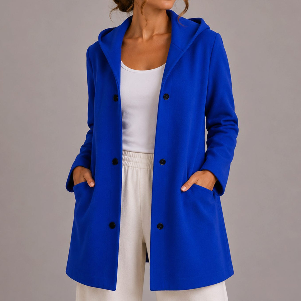 Women's Relaxed-Fit Hooded Button-Up Cardigan with Pockets, Red - Blue