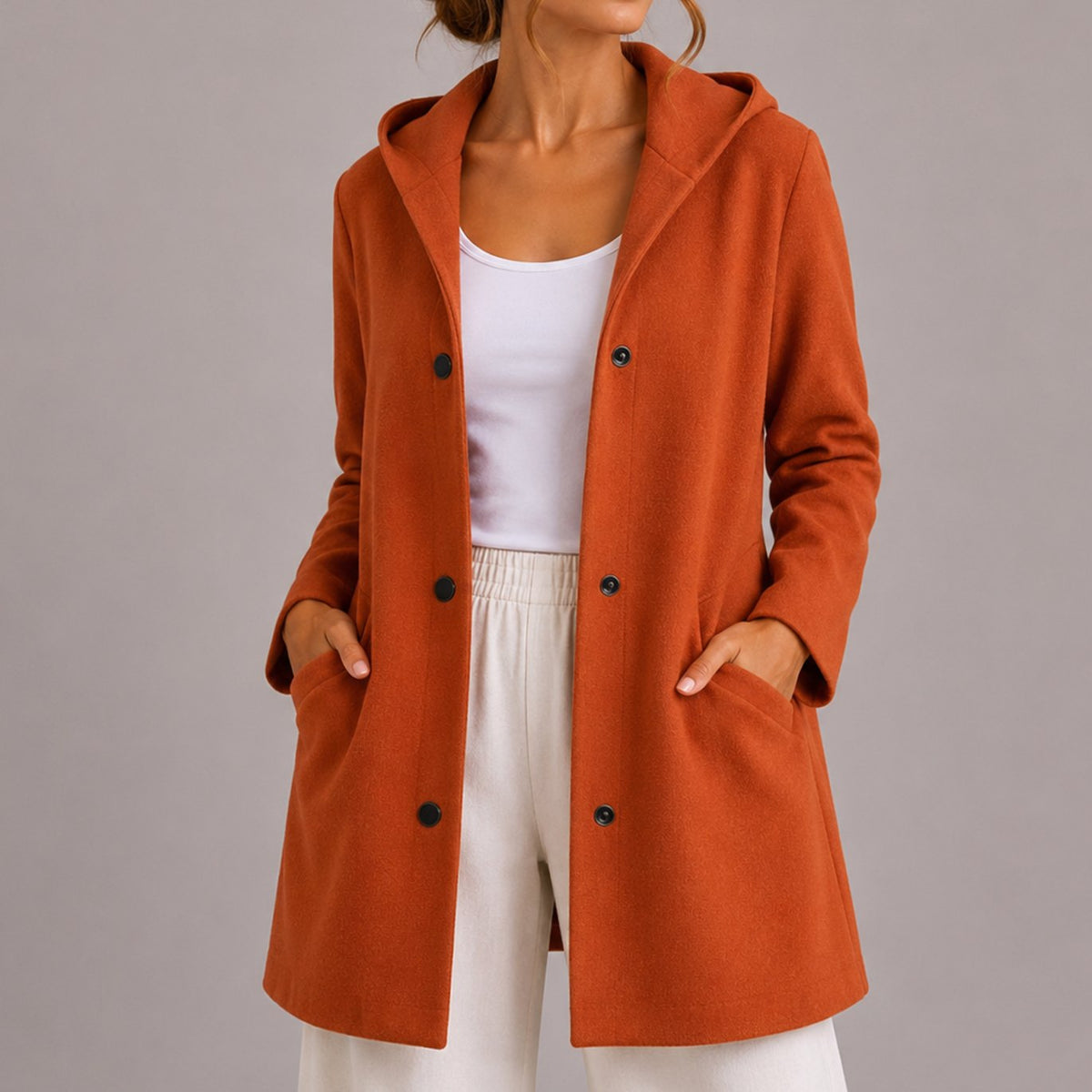 Women's Relaxed-Fit Hooded Button-Up Cardigan with Pockets, Red - Orange