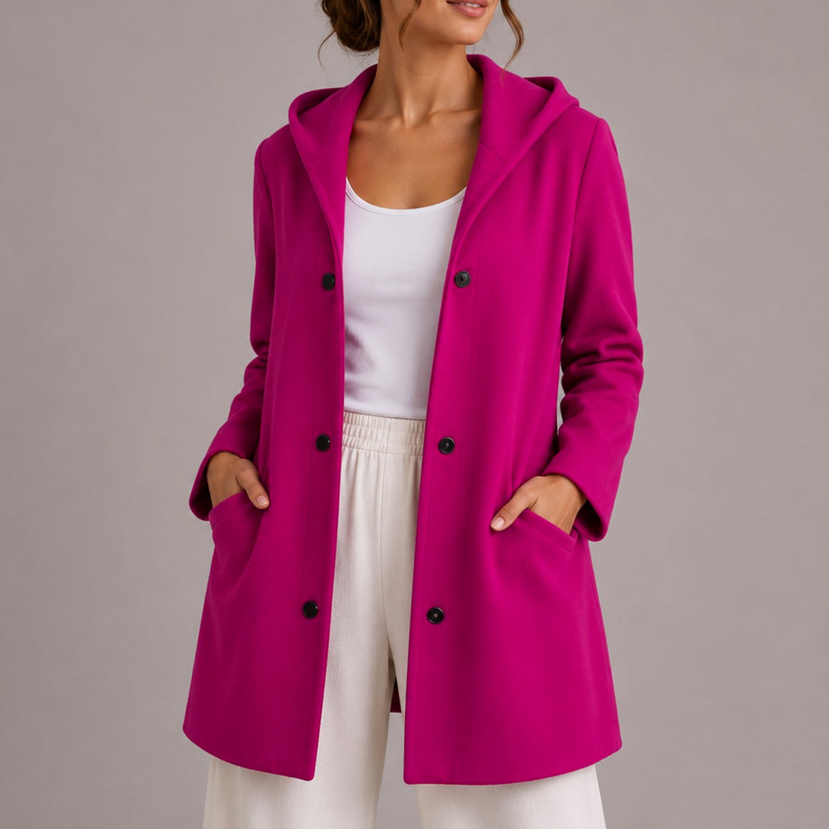 Women's Relaxed-Fit Hooded Button-Up Cardigan with Pockets, Red - Pink