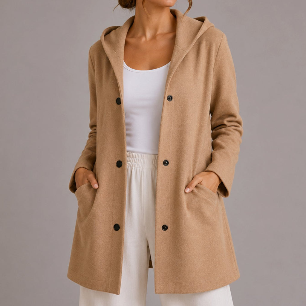 Women's Relaxed-Fit Hooded Button-Up Cardigan with Pockets, Red - Beige