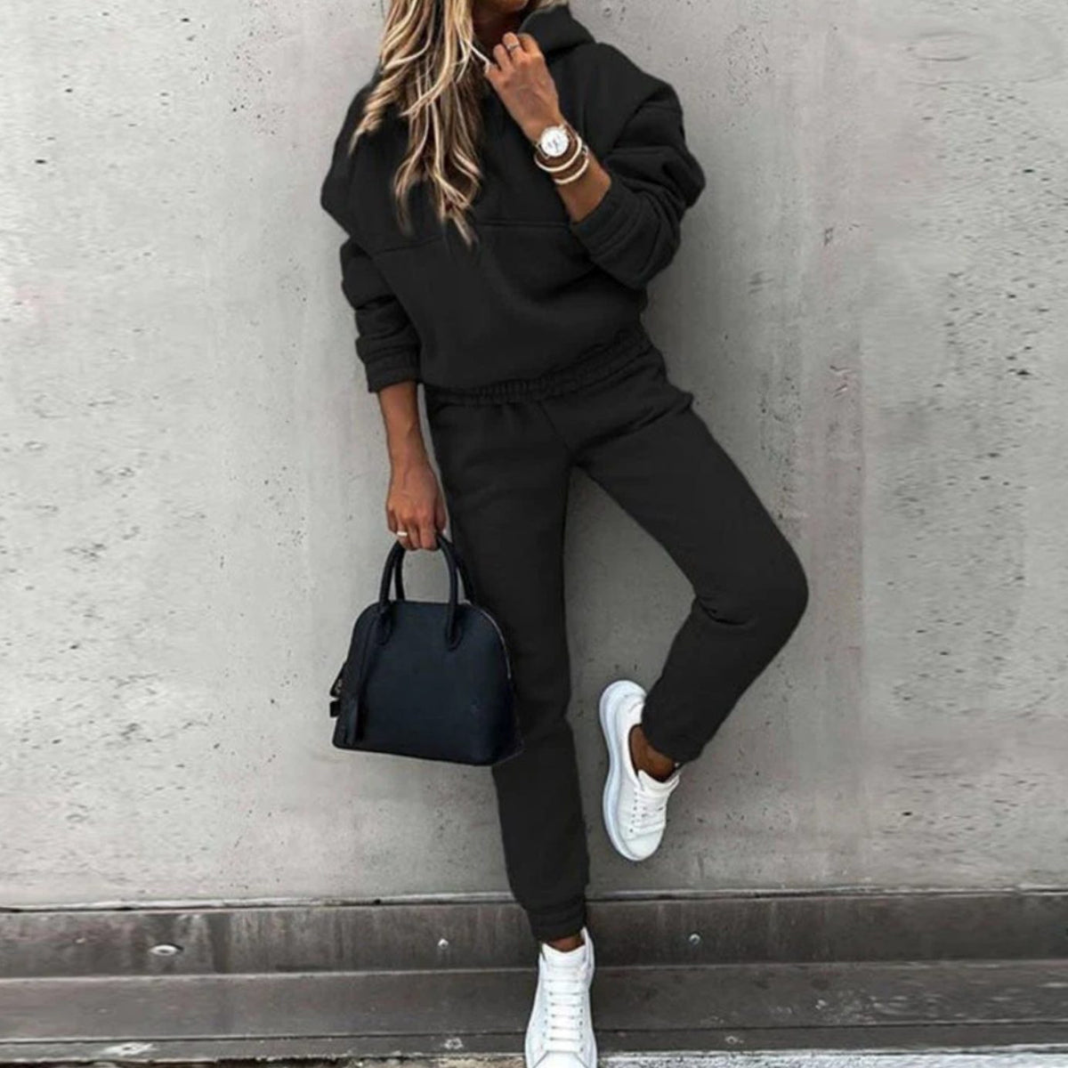 Women's Relaxed Fit Hoodie Jogger Matching Sweatsuit Set - Black