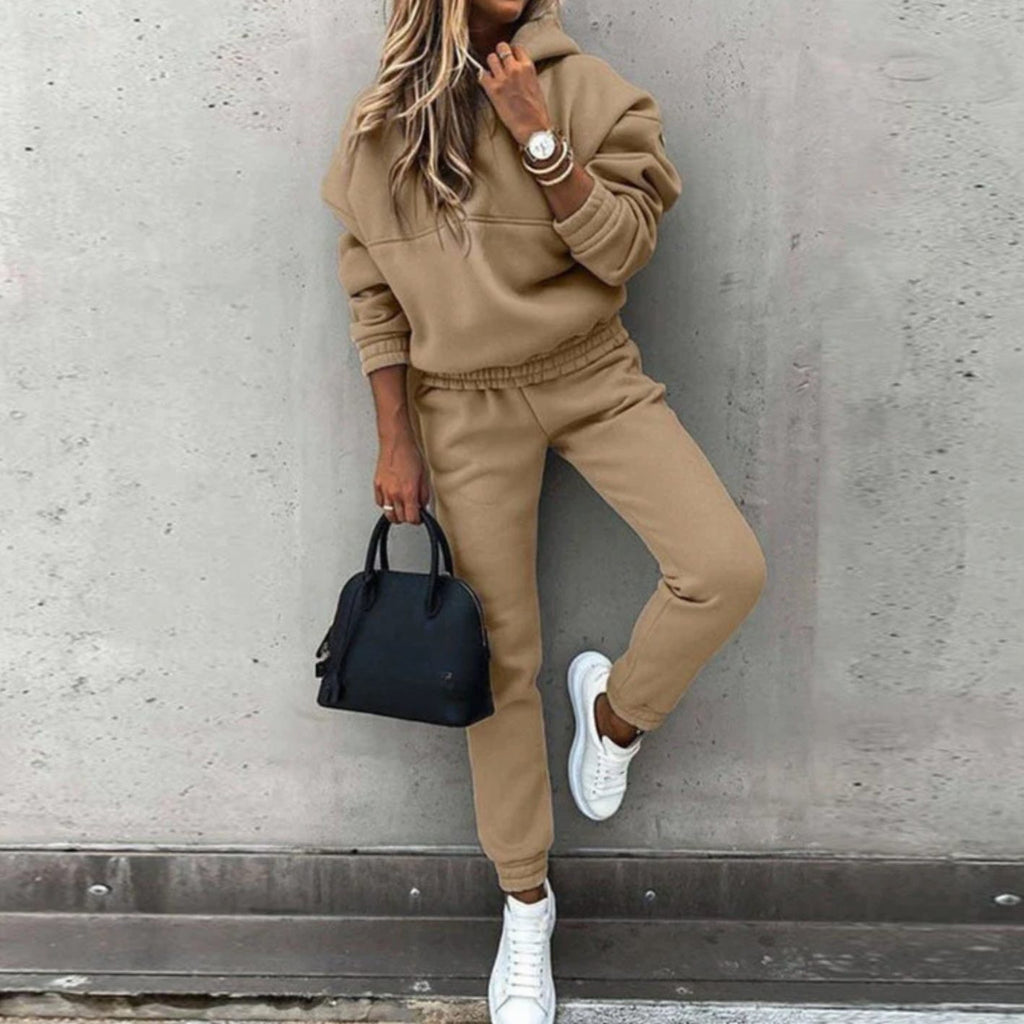 Women's Relaxed Fit Hoodie Jogger Matching Sweatsuit Set - Beige