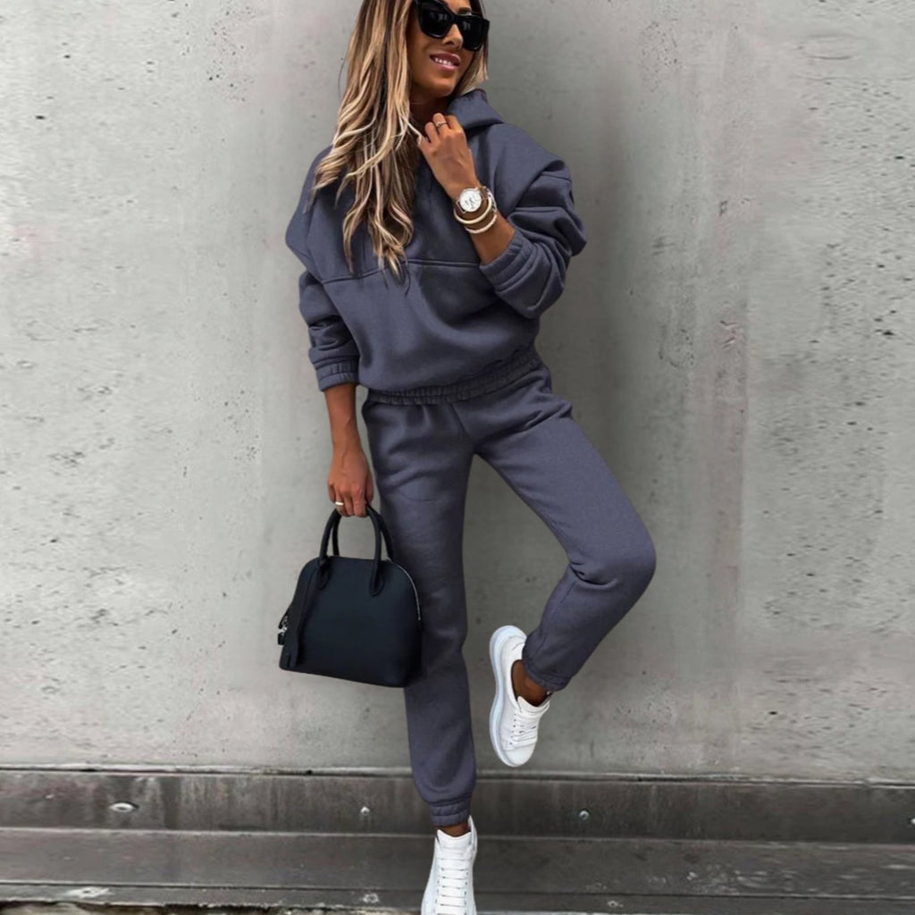 Women's Relaxed Fit Hoodie Jogger Matching Sweatsuit Set - Dark Grey