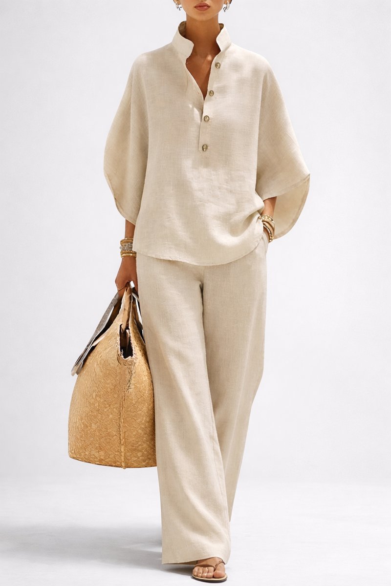 Women's Relaxed-Fit Linen Button-Up Top Wide-Leg Pants Set