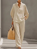 Women's Relaxed-Fit Linen Button-Up Top Wide-Leg Pants Set - Sand
