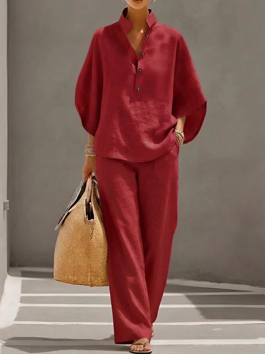 Women's Relaxed-Fit Linen Button-Up Top Wide-Leg Pants Set - Red