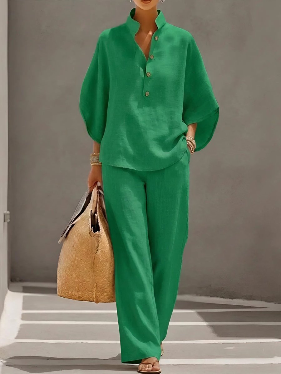 Women's Relaxed-Fit Linen Button-Up Top Wide-Leg Pants Set - Green