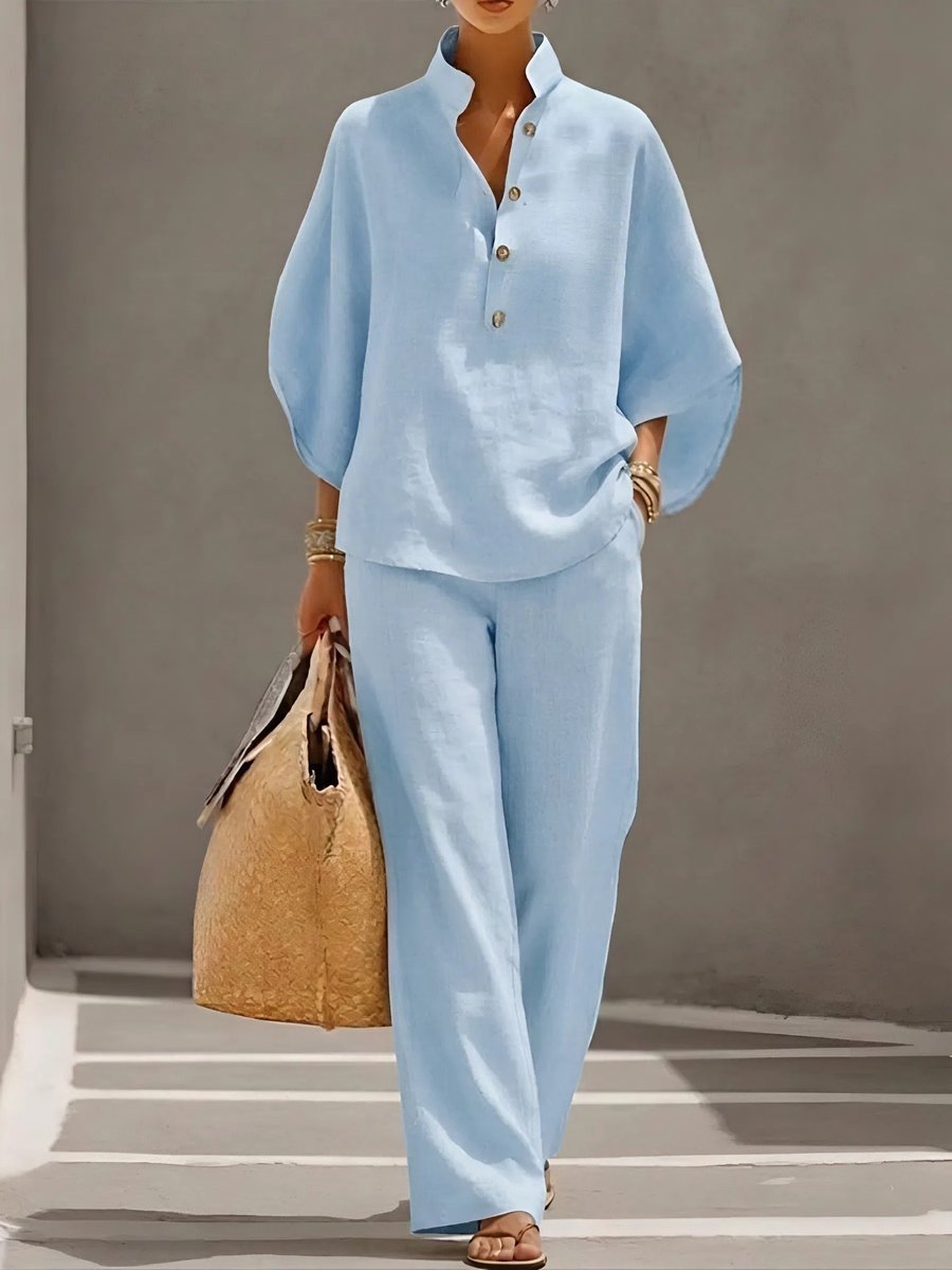 Women's Relaxed-Fit Linen Button-Up Top Wide-Leg Pants Set - Light Blue