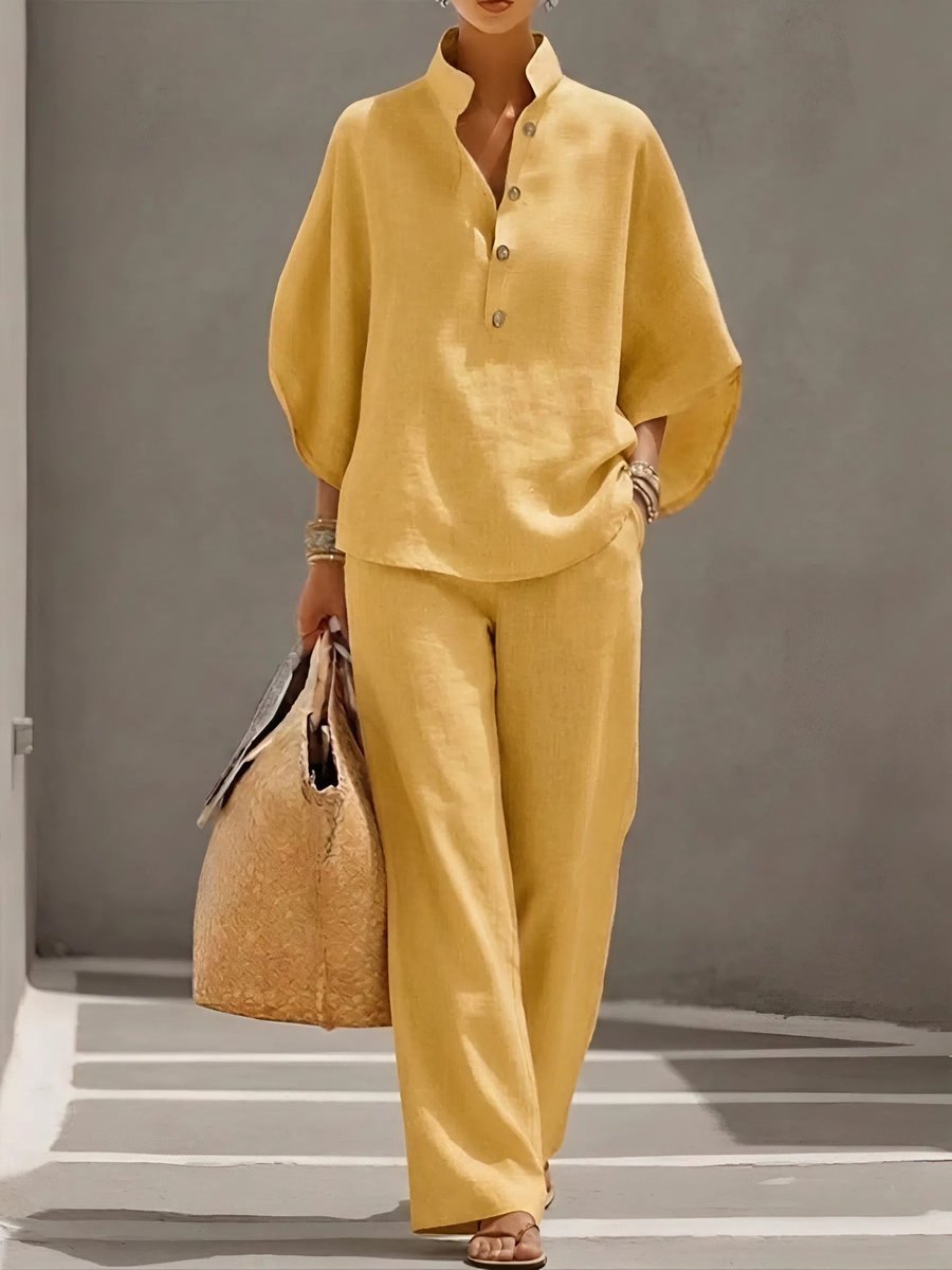 Women's Relaxed-Fit Linen Button-Up Top Wide-Leg Pants Set - Yellow