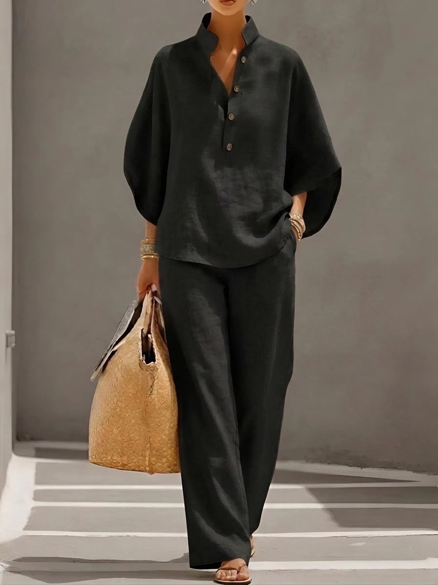 Women's Relaxed-Fit Linen Button-Up Top Wide-Leg Pants Set - Black
