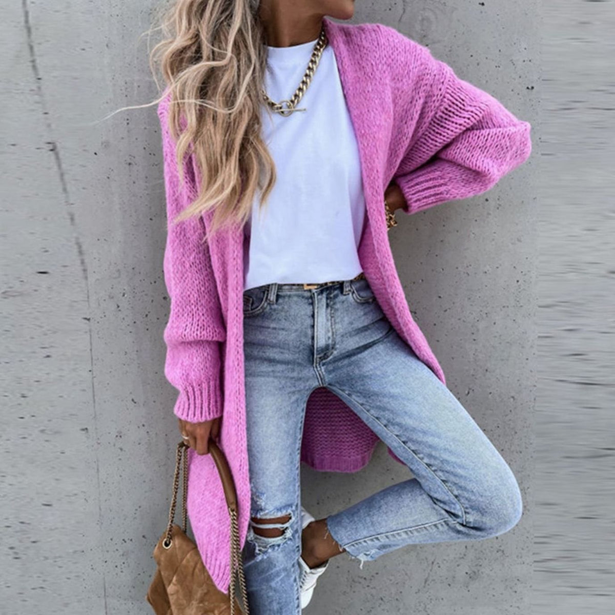 Women's Relaxed-Fit Long Open Front Cardigan Knit Sweater - Pink