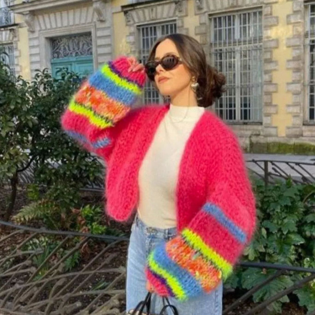 Women's Relaxed-Fit Multicolor Striped Knitted Cardigan Sweater - Red
