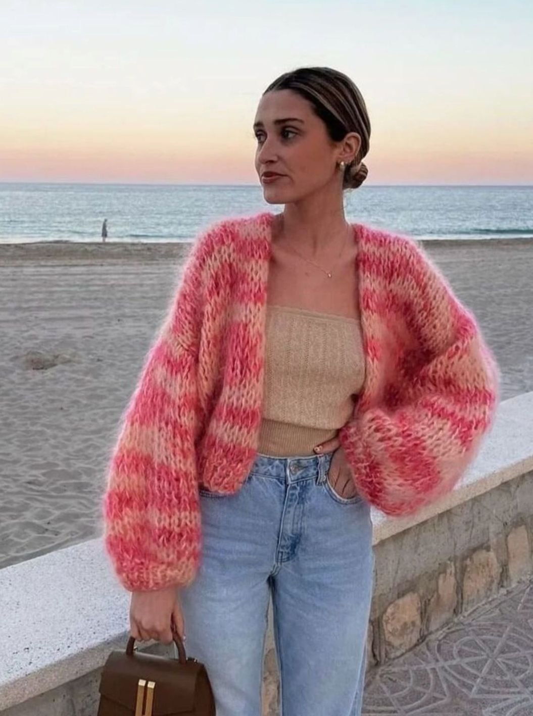 Women's Relaxed-Fit Multicolor Striped Knitted Cardigan Sweater - Pink
