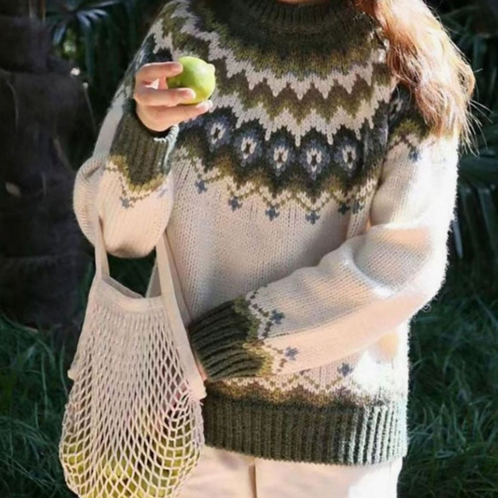 Women's Relaxed-Fit Nordic Fair Isle Pattern Sweater - Green