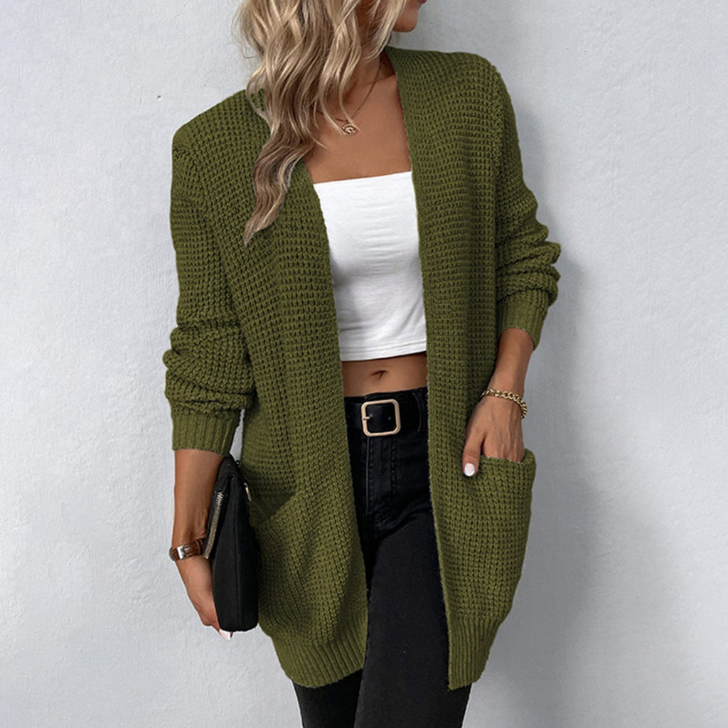 Women's Relaxed-Fit Open-Front Long Knit Winter Cardigan Pockets - Army Green