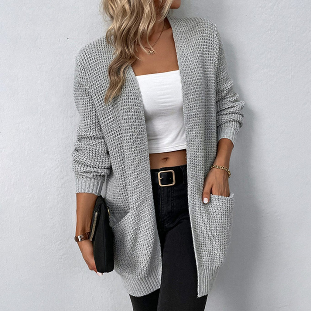 Women's Relaxed-Fit Open-Front Long Knit Winter Cardigan Pockets - Grey