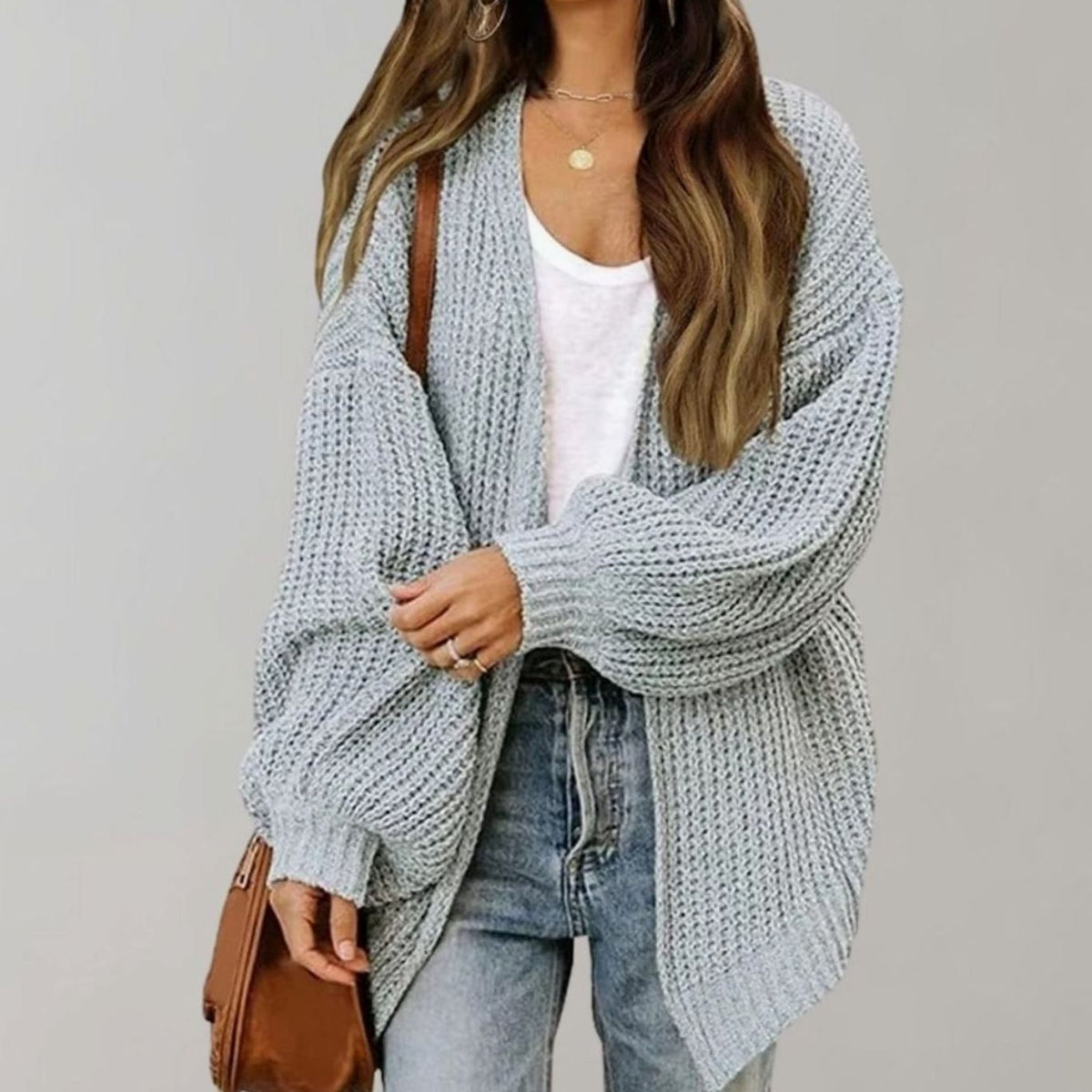 Women's Relaxed Fit Oversized Knit Open Front Cardigan Sweater - Gray