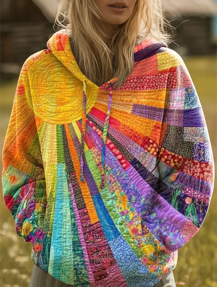 Women's Relaxed-Fit Patchwork Quilted Pullover Hoodie - Multicolor