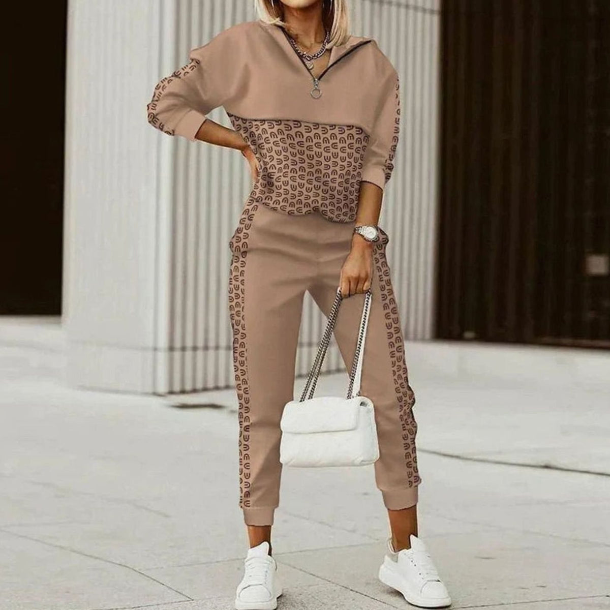 Women's Relaxed-Fit Quarter-Zip Jogger Tracksuit Set - Brown