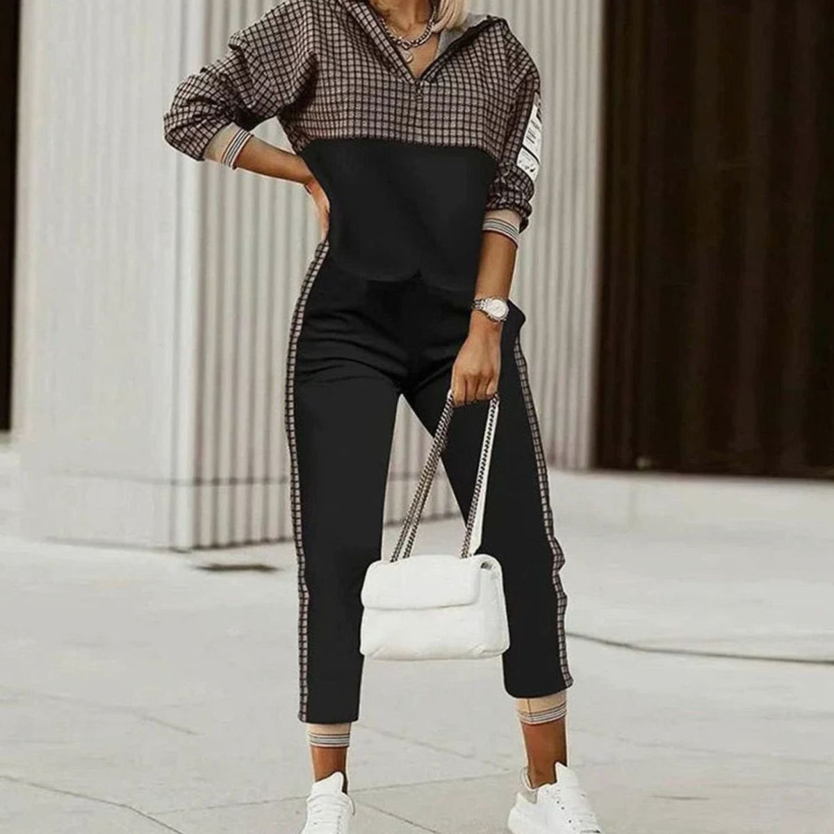 Women's Relaxed-Fit Quarter-Zip Jogger Tracksuit Set - Black