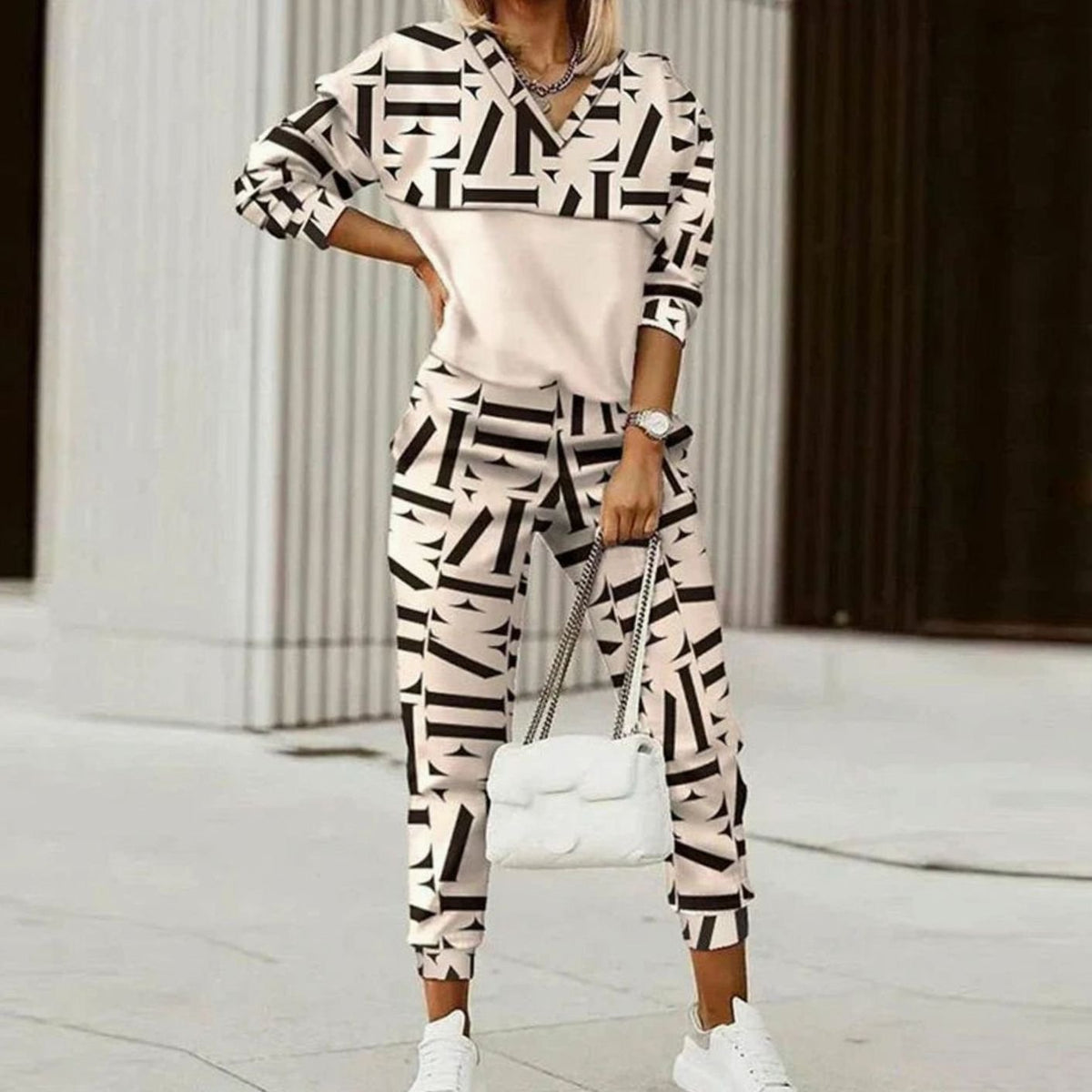 Women's Relaxed-Fit Quarter-Zip Jogger Tracksuit Set - Beige