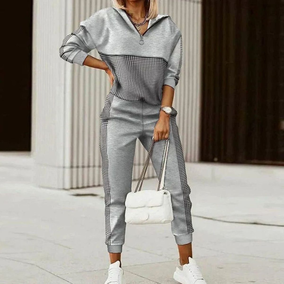 Women's Relaxed-Fit Quarter-Zip Jogger Tracksuit Set - Grey