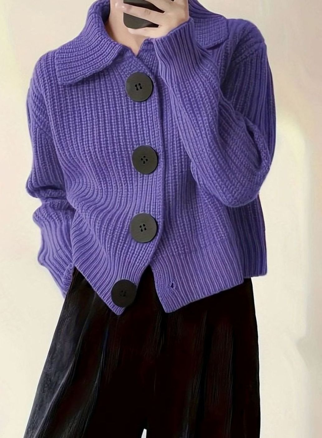Women's Relaxed-Fit Ribbed Knit Folded Collar Pullover Sweater - Purple