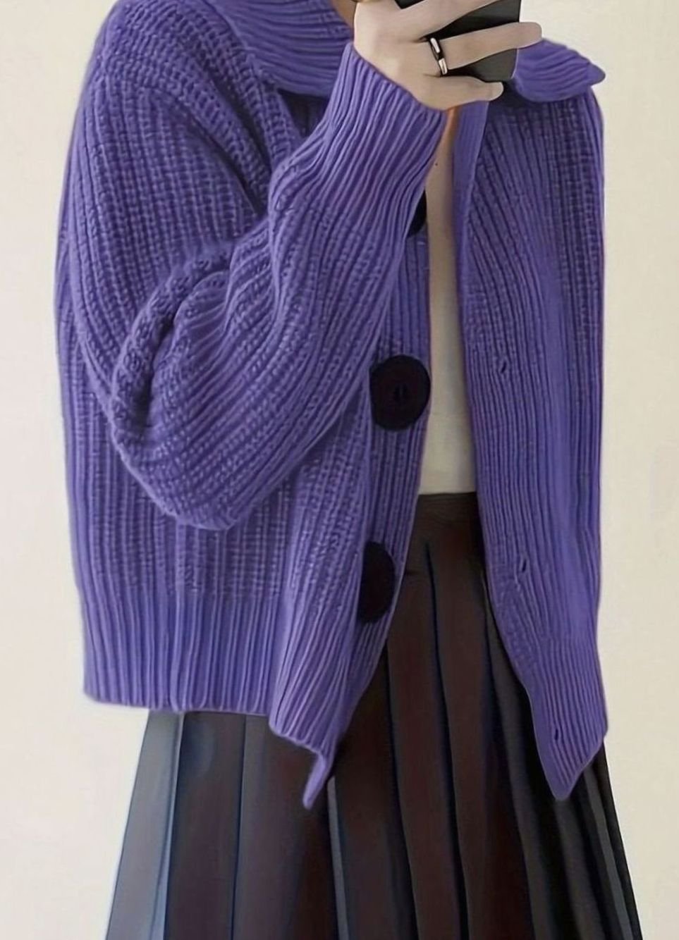 Women's Relaxed-Fit Ribbed Knit Folded Collar Pullover Sweater