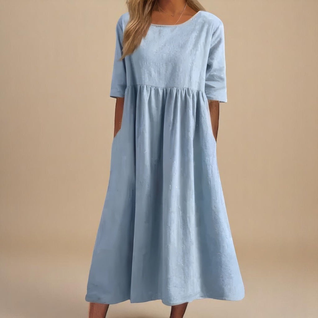 Women's Relaxed-Fit Round-Neck Half-Sleeve Cotton Midi Dress Pockets - Sky Blue