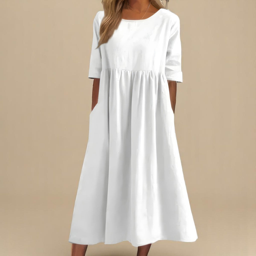 Women's Relaxed-Fit Round-Neck Half-Sleeve Cotton Midi Dress Pockets - White