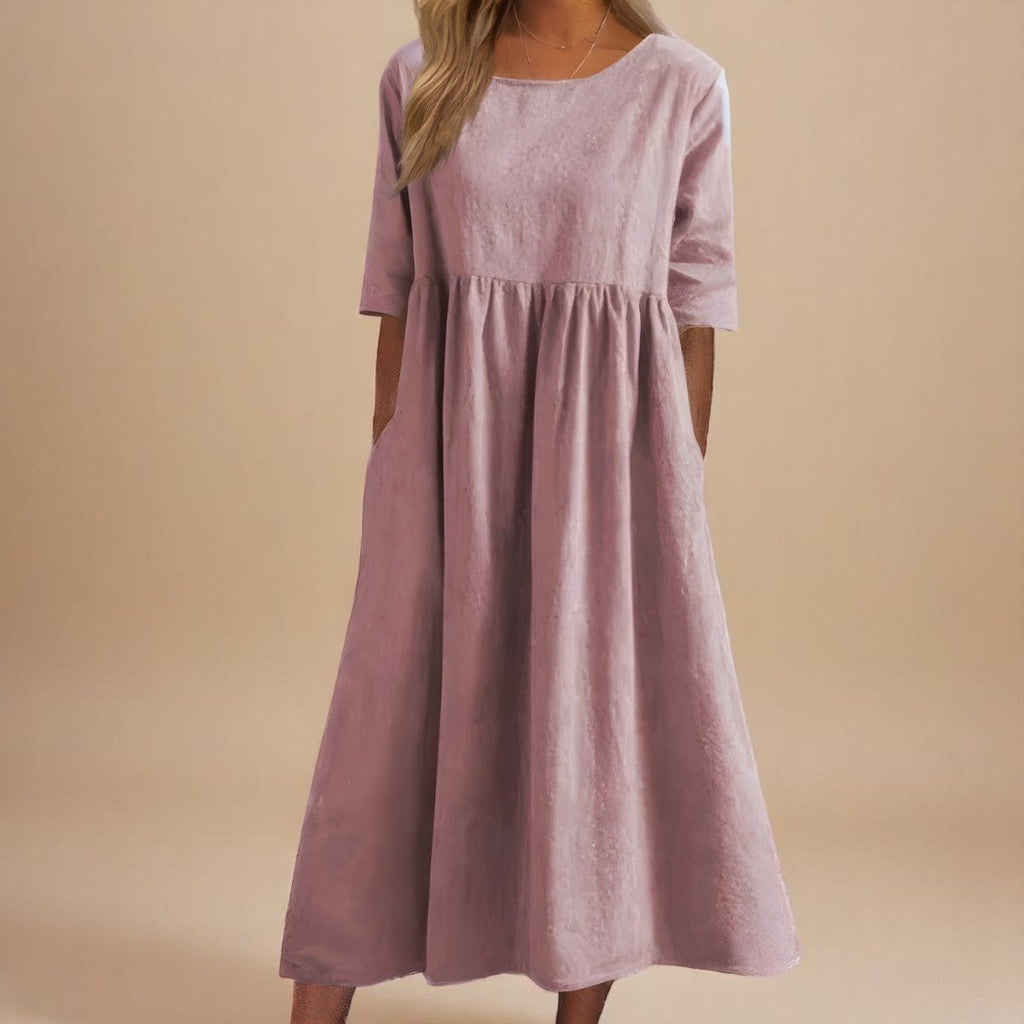 Women's Relaxed-Fit Round-Neck Half-Sleeve Cotton Midi Dress Pockets - Pink