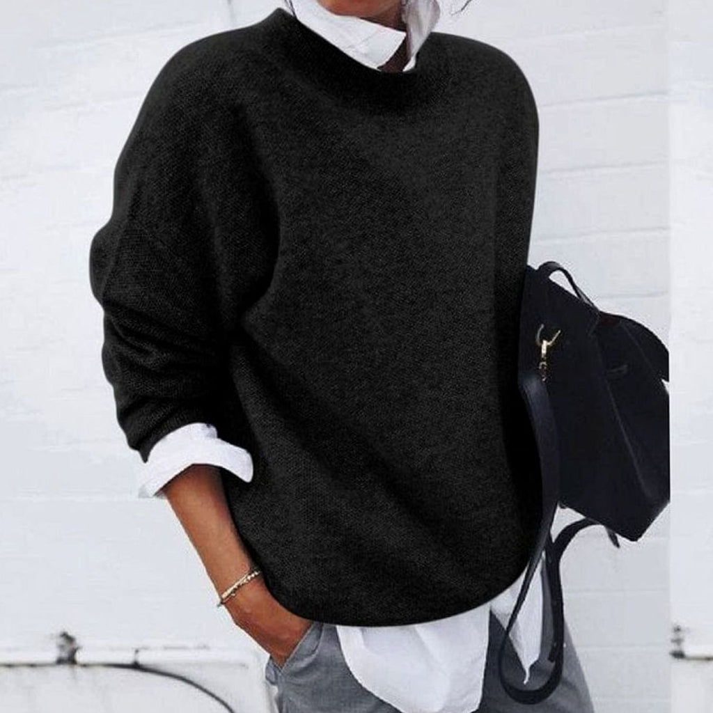 Women's Relaxed-Fit Round Neck Long-Sleeve Pullover Sweater - Black