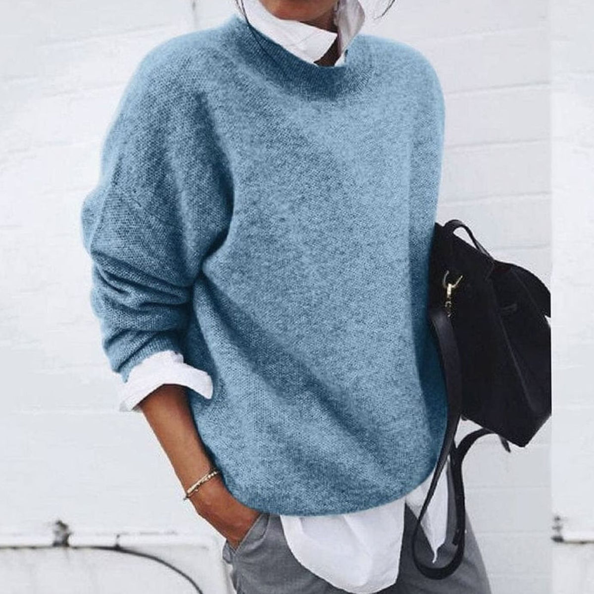 Women's Relaxed-Fit Round Neck Long-Sleeve Pullover Sweater - Blue