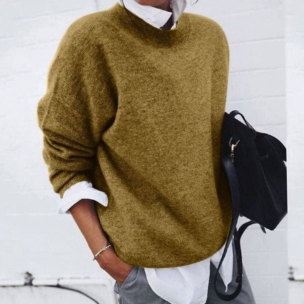 Women's Relaxed-Fit Round Neck Long-Sleeve Pullover Sweater - Khaki