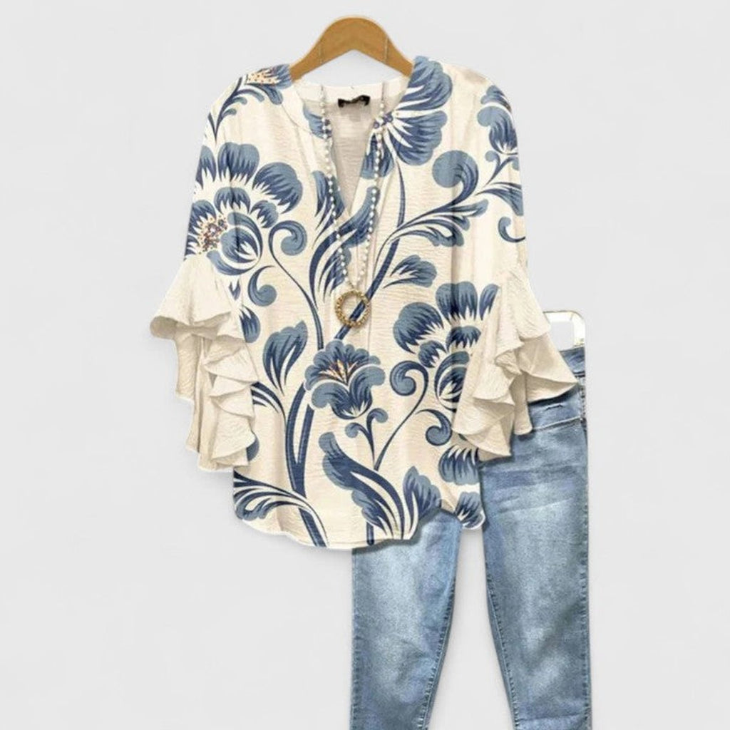 Women's Relaxed-Fit Ruffle-Sleeve Floral Print Blouse - White Blue
