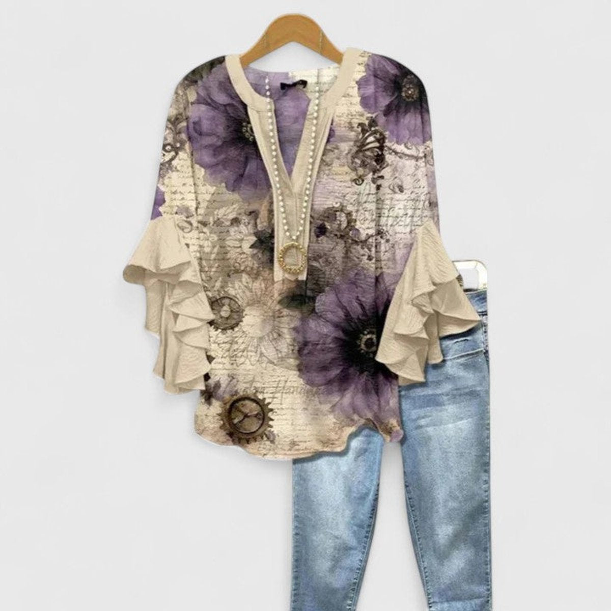 Women's Relaxed-Fit Ruffle-Sleeve Floral Print Blouse - Beige