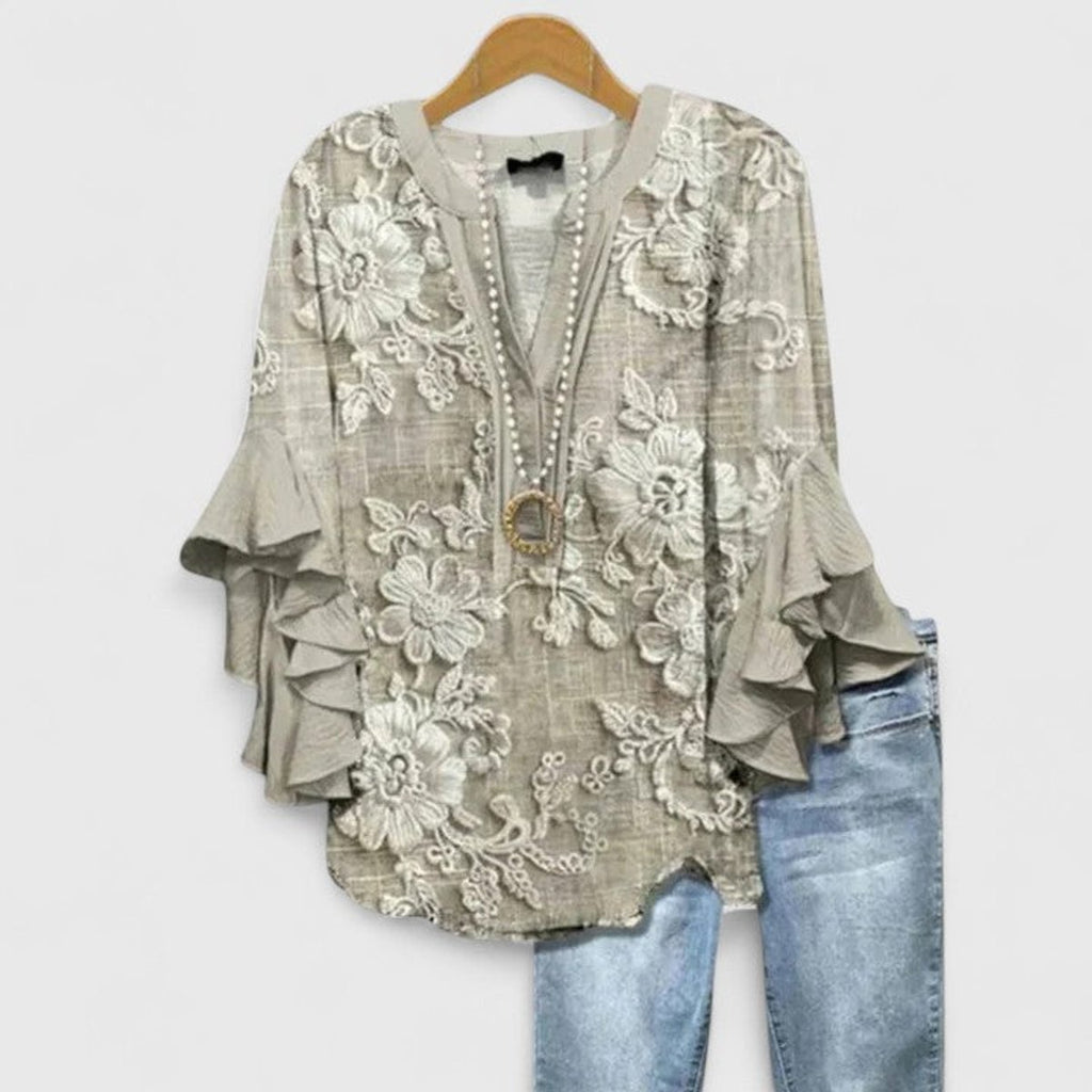 Women's Relaxed-Fit Ruffle-Sleeve Floral Print Blouse - Light Brown