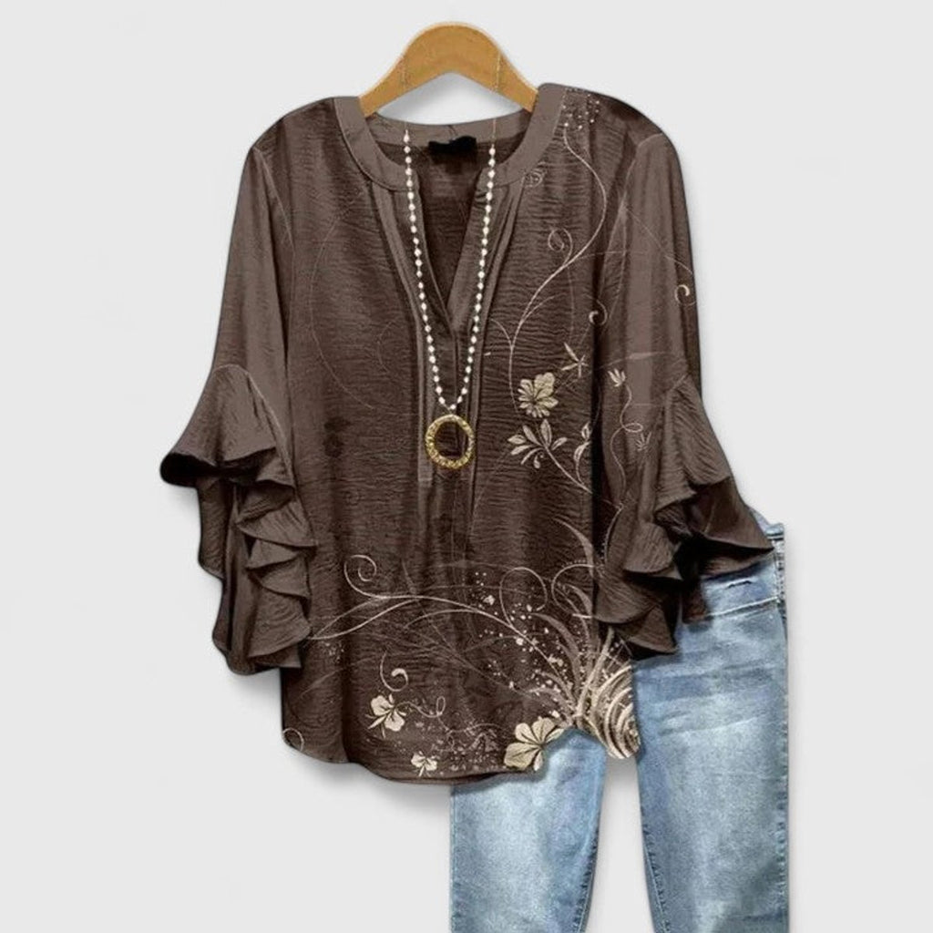 Women's Relaxed-Fit Ruffle-Sleeve Floral Print Blouse - Brown
