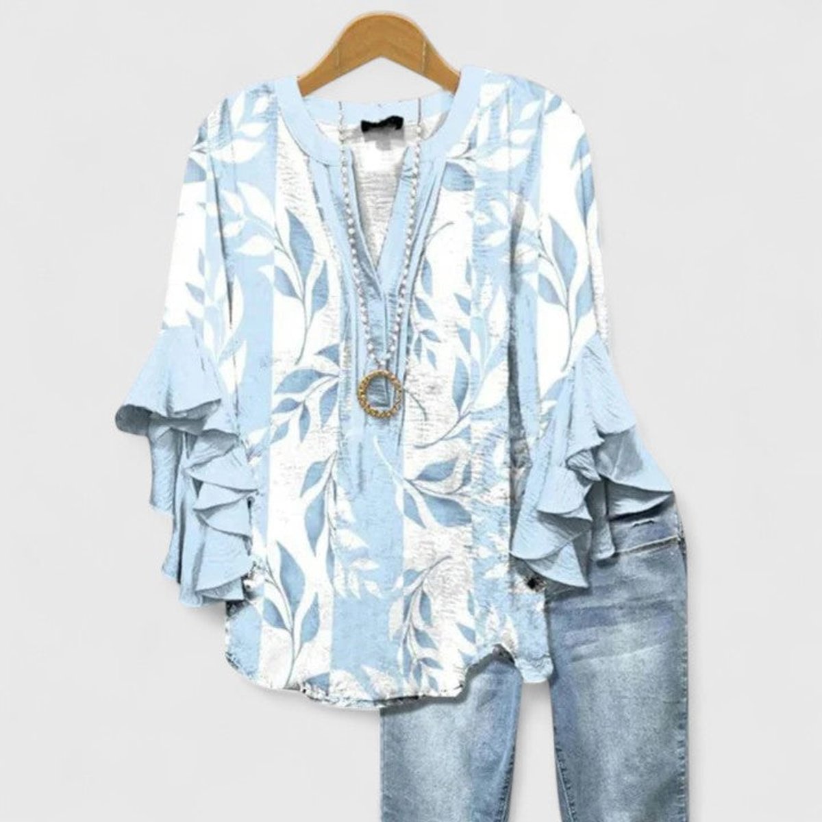 Women's Relaxed-Fit Ruffle-Sleeve Floral Print Blouse - Light Blue