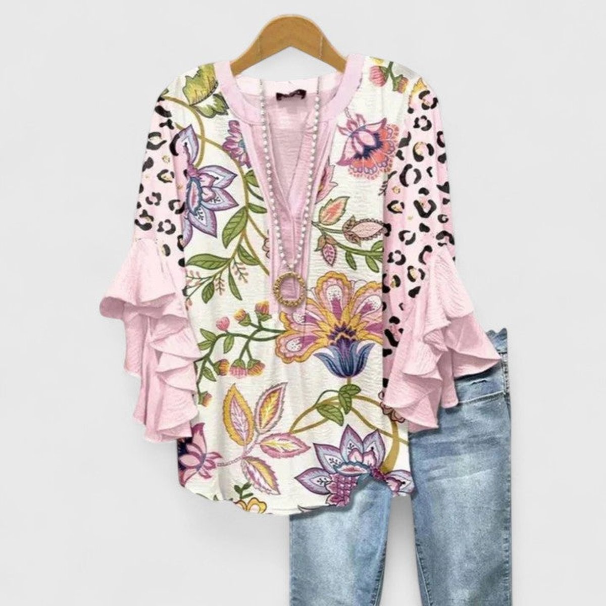 Women's Relaxed-Fit Ruffle-Sleeve Floral Print Blouse - Pink
