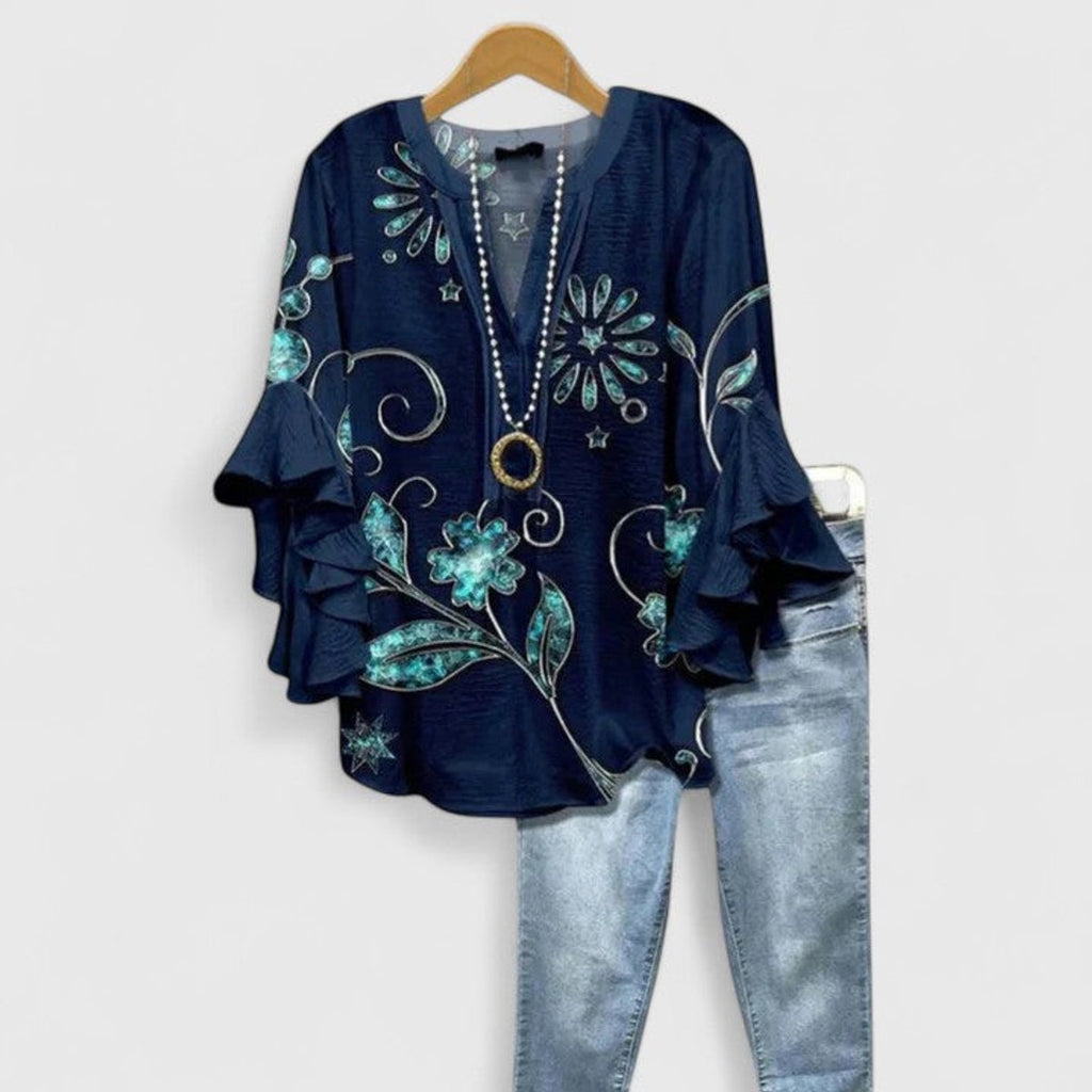 Women's Relaxed-Fit Ruffle-Sleeve Floral Print Blouse - Dark Blue
