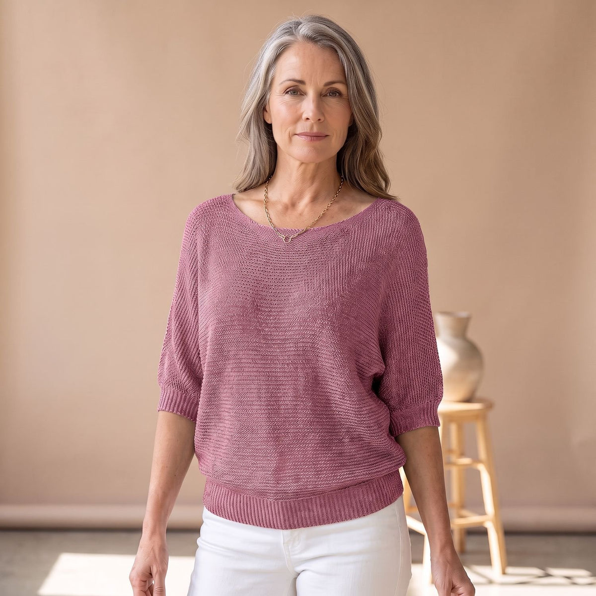 Women's Relaxed-Fit Scoop-Neck Knit Sweater - Pink
