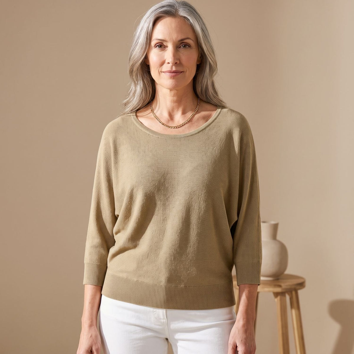 Women's Relaxed-Fit Scoop-Neck Knit Sweater - Beige
