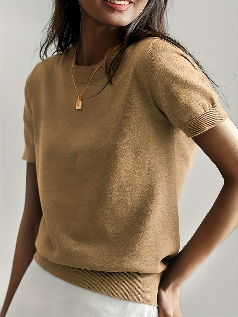 Women's Relaxed-Fit Short-Sleeve Crew Neck Knit Sweater Top - Earthy Gold