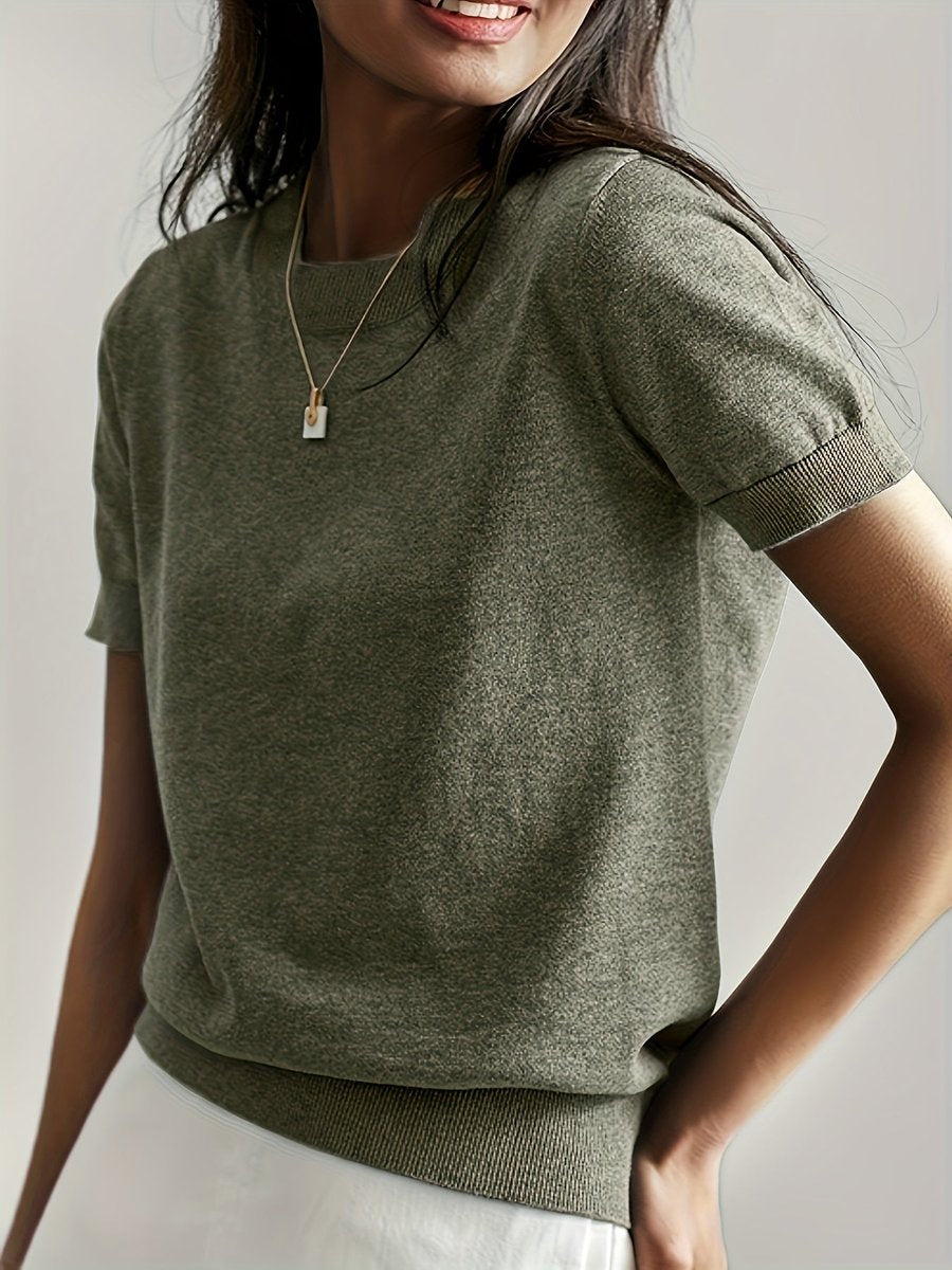 Women's Relaxed-Fit Short-Sleeve Crew Neck Knit Sweater Top - Olive